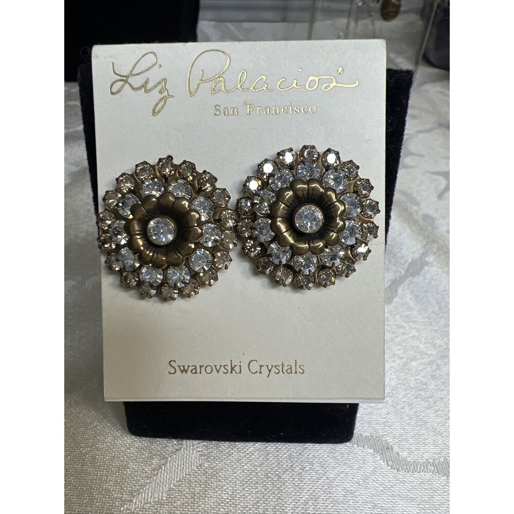 Liz Palacios‎ VTG X-large Florette Earrings /Swarovski Crystals Gold Tone Clip.